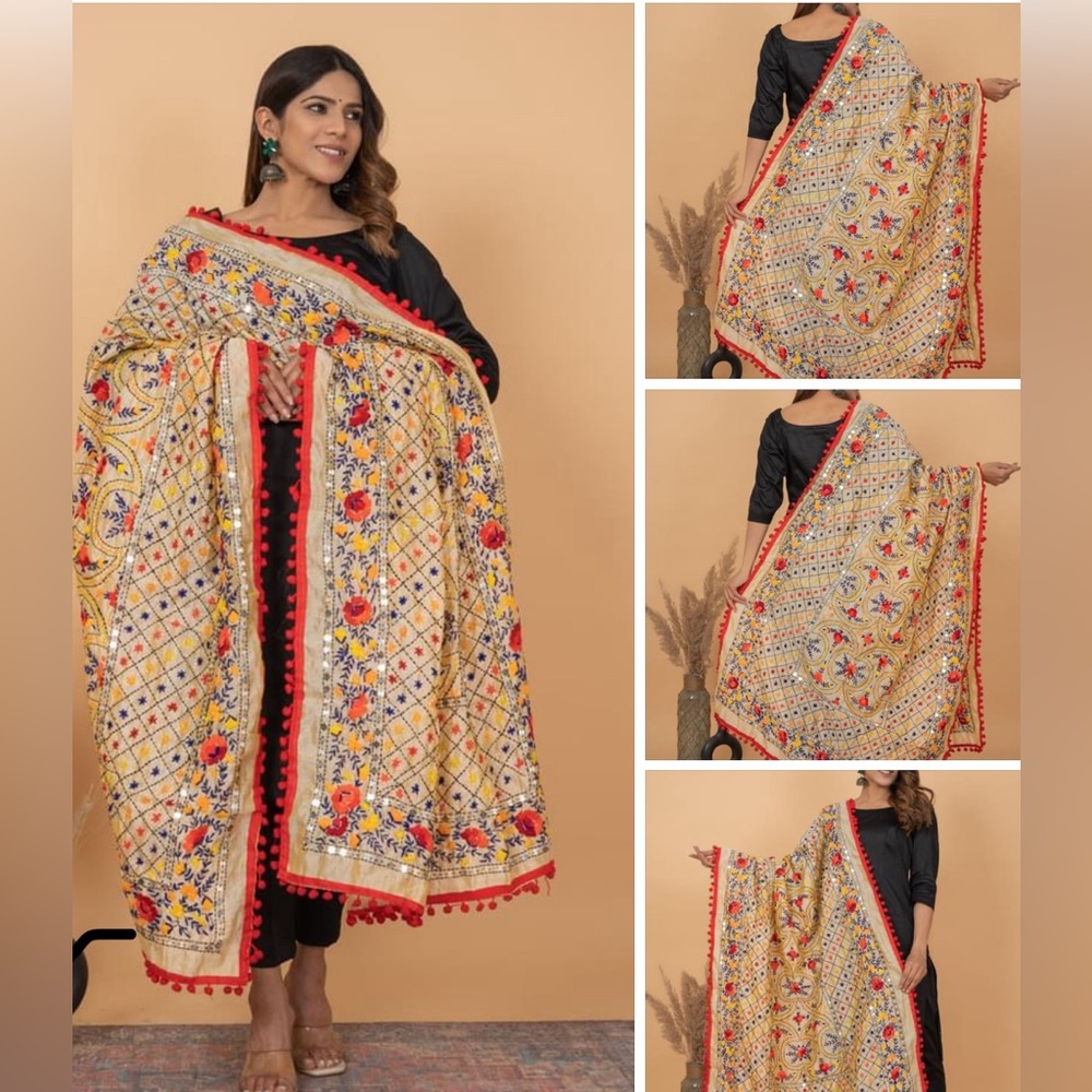 shawl Red Pom Pom Raw Silk Handmade Phulkari Dupatta mirror and thread